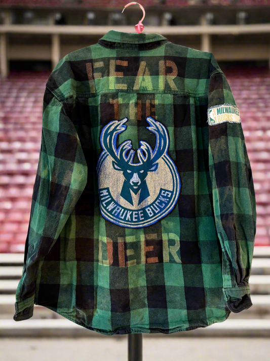 Reworked Bucks Distressed Game Day Flannel Shirt
