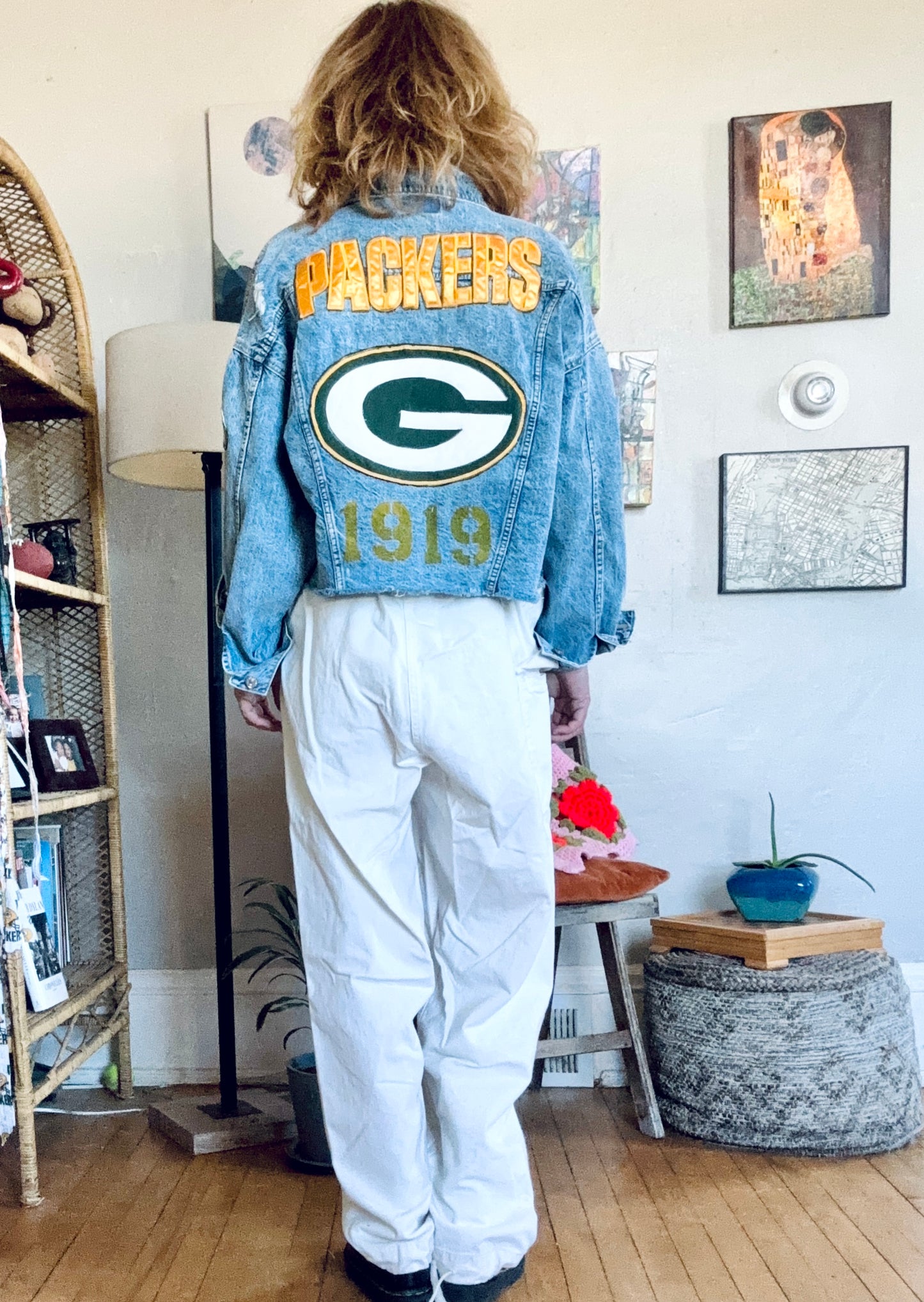 Reworked Retro Acid Washed cropped Game Day Denim Jacket