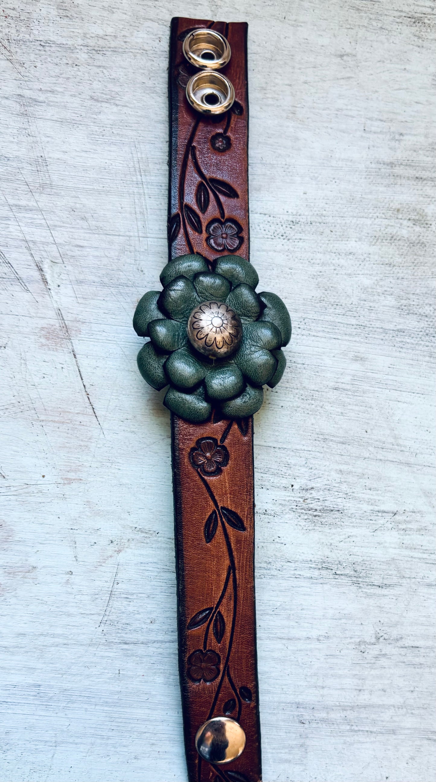 Hand Tooled Reclaimed Leather Flower Bracelet