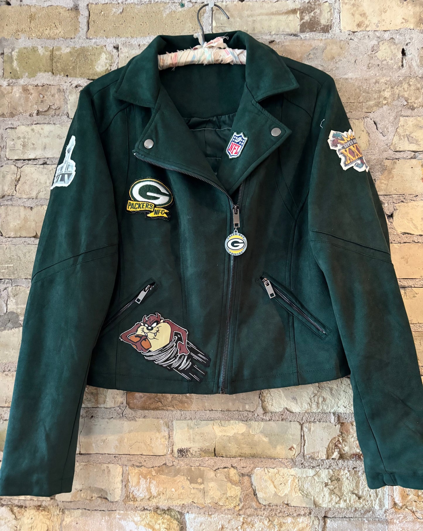 Reworked Green Moto Style velvet Packers Game Day Jacket