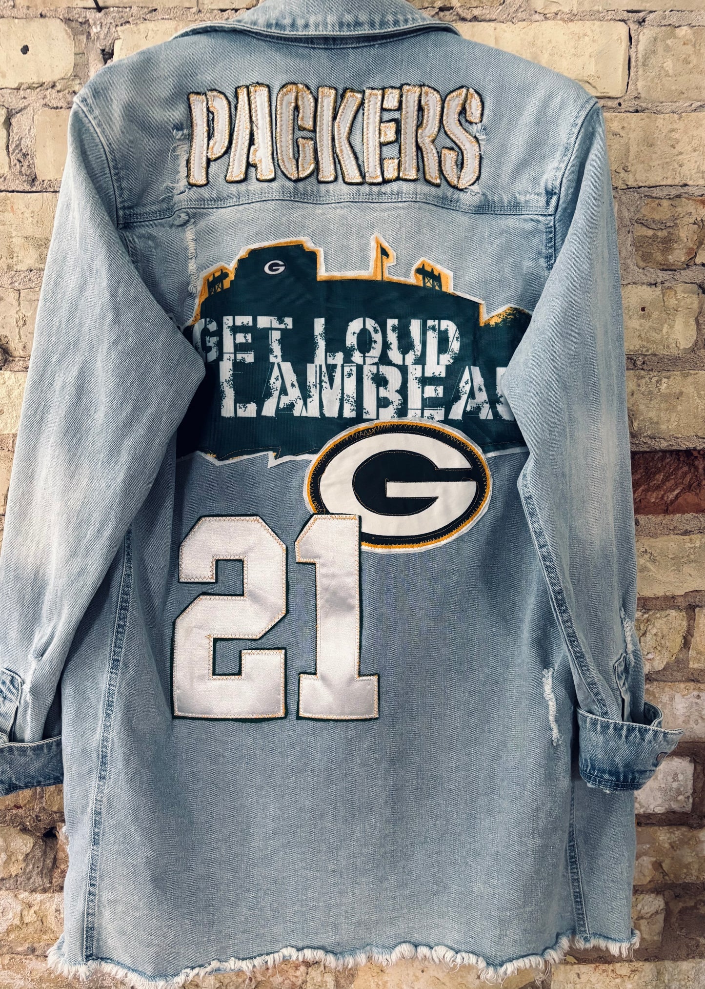 Reworked Packers long distressed Game Day Denim Jean Jacket
