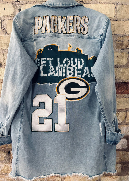 Reworked Packers long distressed Game Day Denim Jean Jacket
