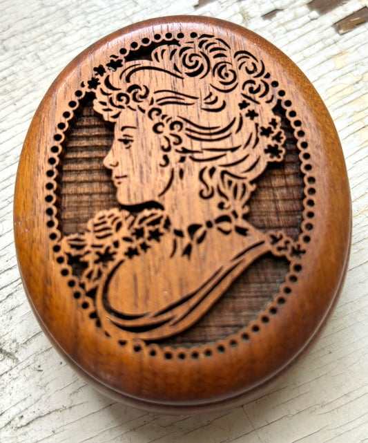 Vintage hand carved
Wooden Cameo Music Box keepsake