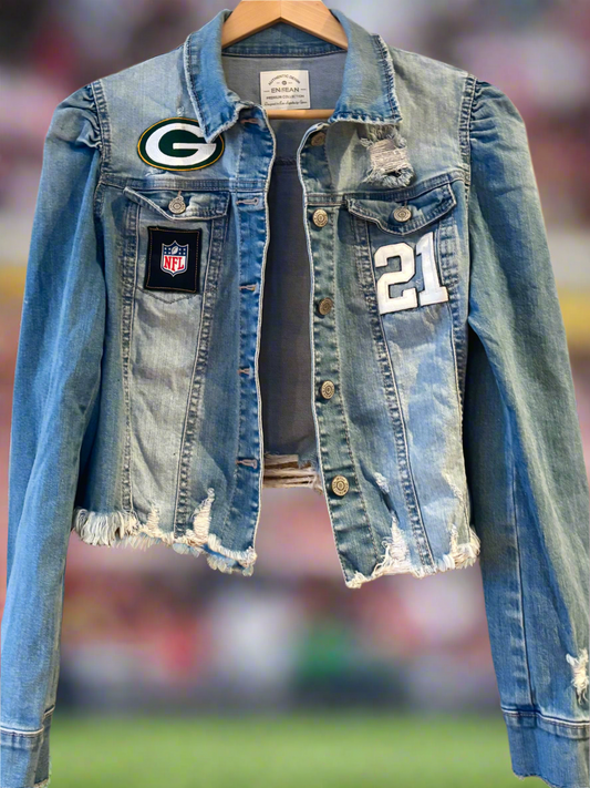 Reworked cropped and  Distressed Game Day Denim Jean Jacket