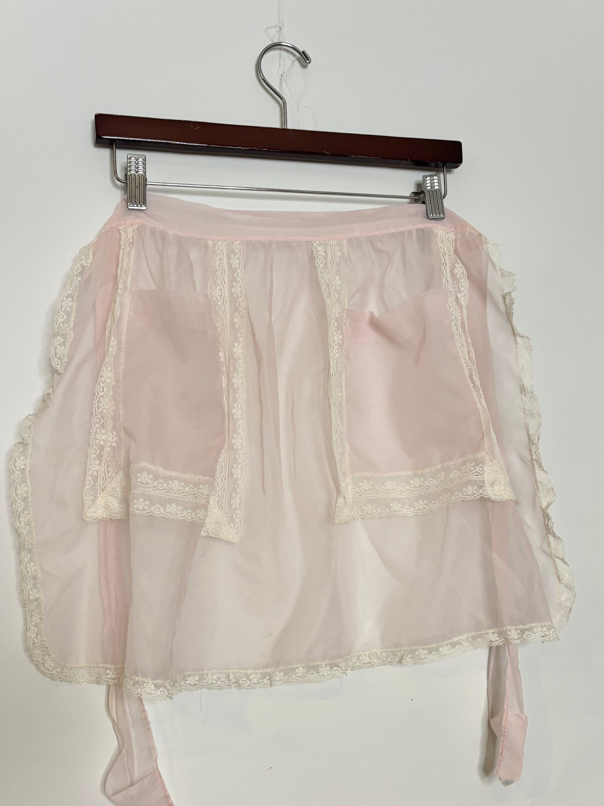 Vintage Pink Organza MCM 50’s Sheer Lace romantic half Apron