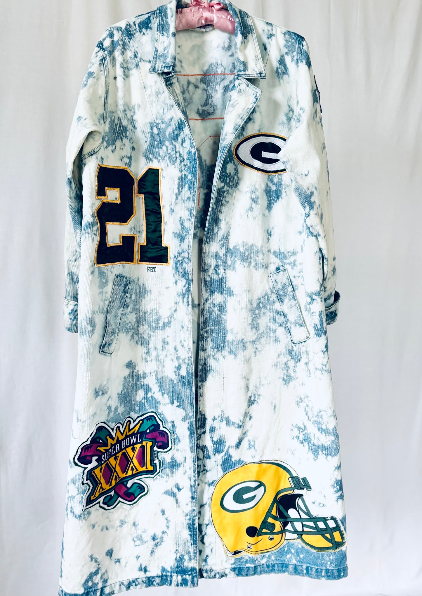 Reworked Packers Retro Game Day Denim Duster Maxi Coat