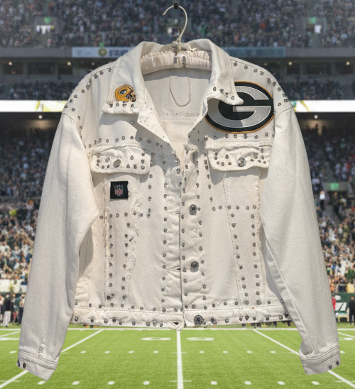 Reworked distressed studded Game day Denim Jacket