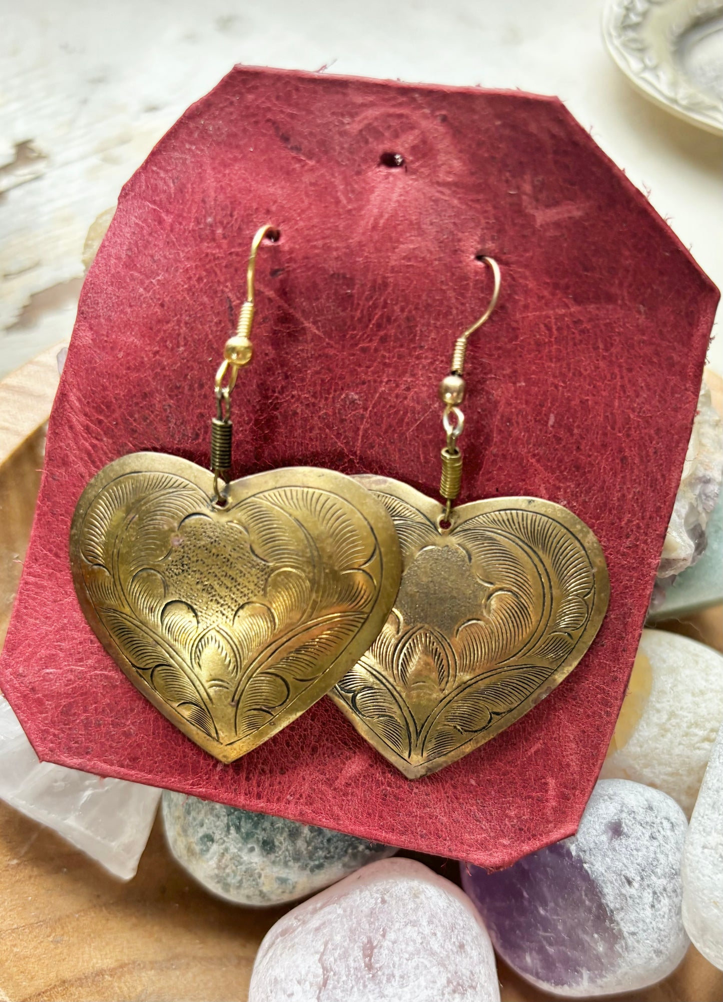 Vintage etched brass floating heart Earrings