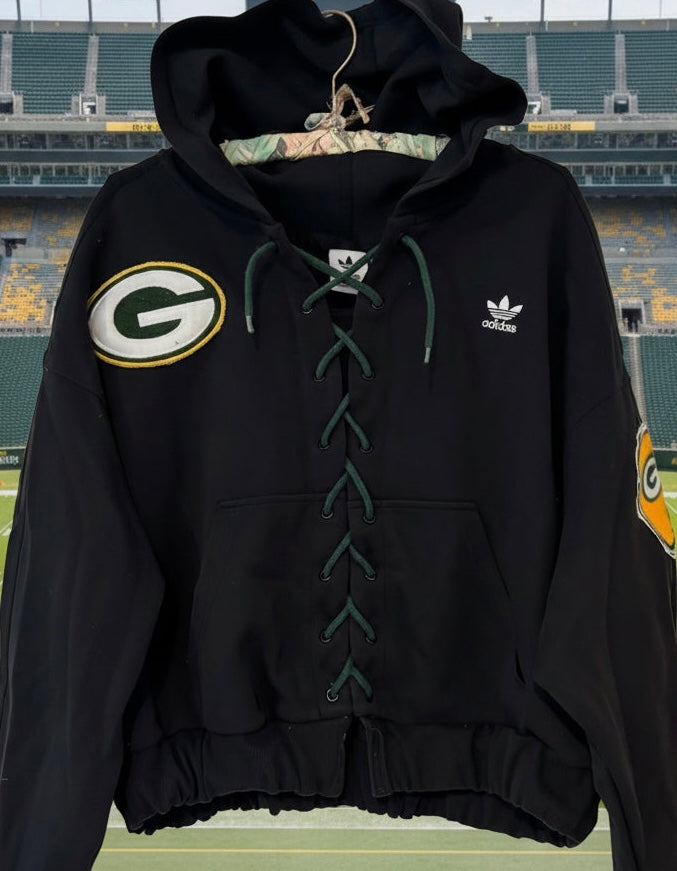 Custom reworked Adidas 3 Stripe Packers Game Day Laceup Hoodie