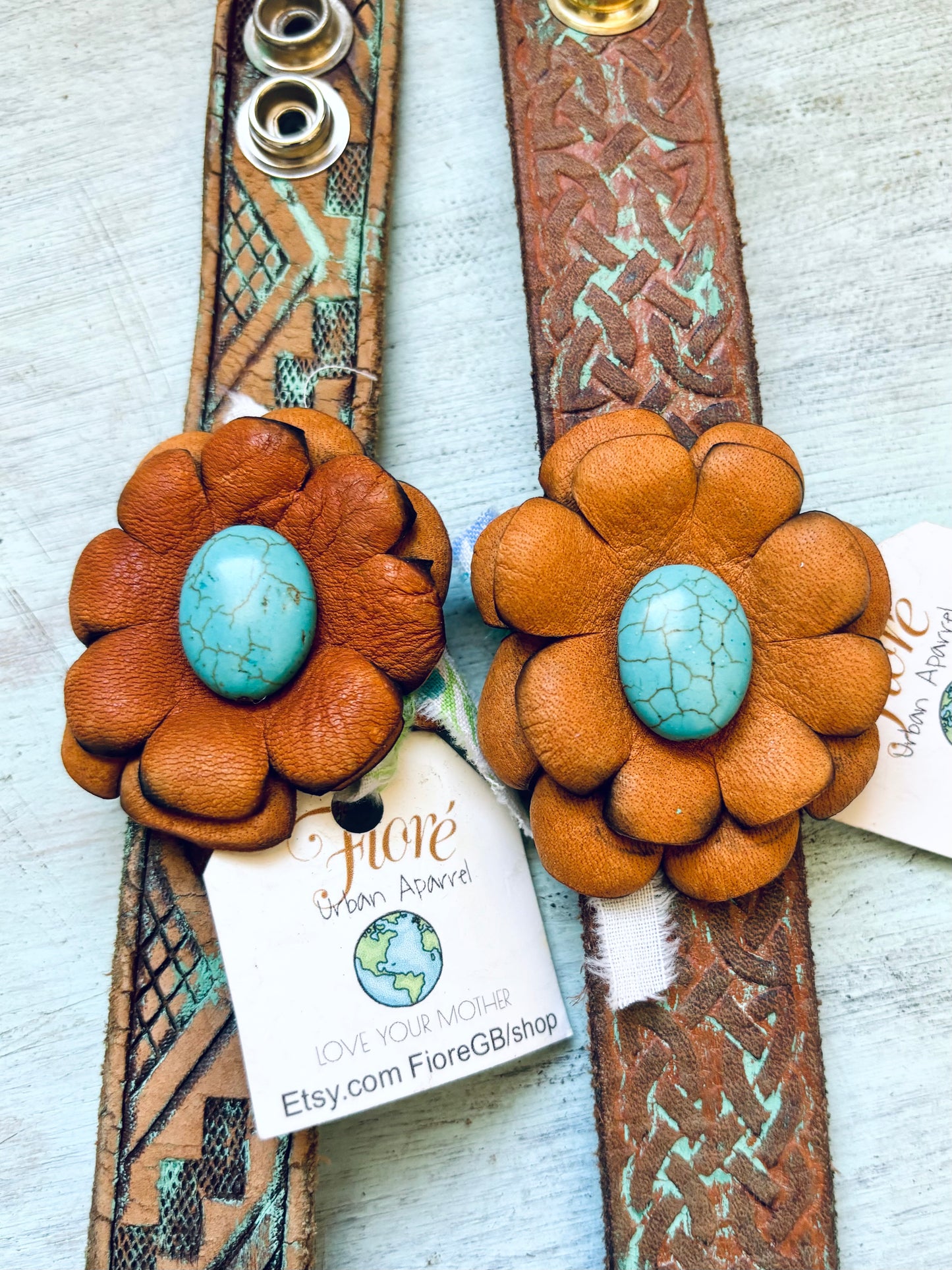 Hand Tooled Reclaimed Leather Flower Bracelet