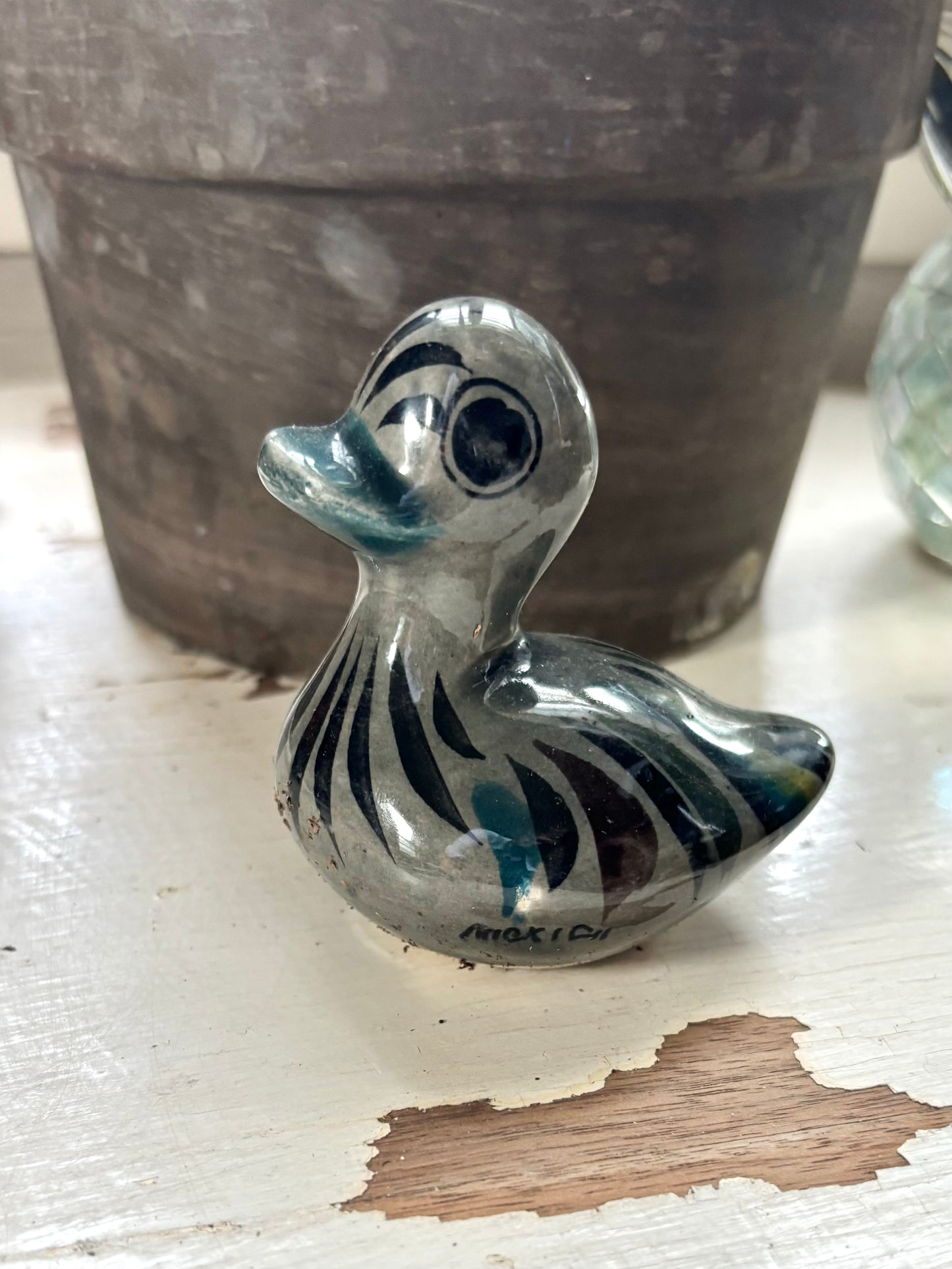 1970s Hand Painted Mexican Tonala Plant Pet Duck Figurine