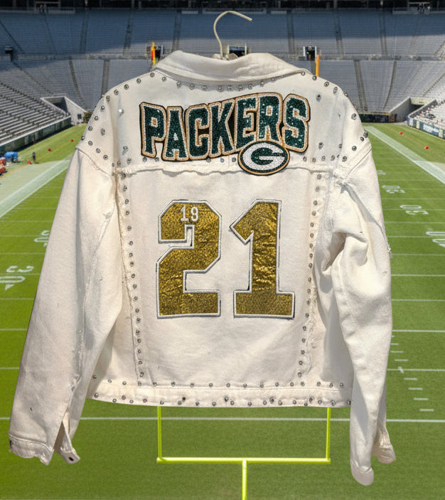 Reworked distressed studded Game day Denim Jacket