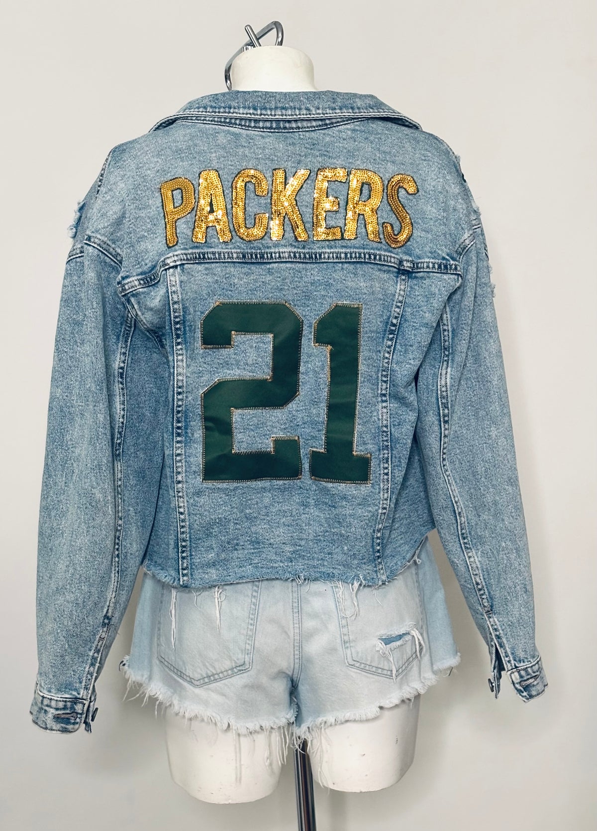 Distressed Game Day Cropped Denim Jean Jacket