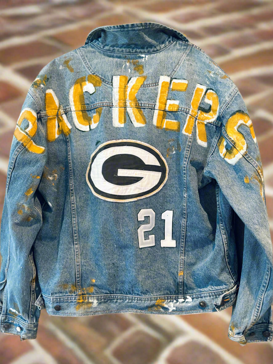 Reworked Retro Stone Washed Game Day Trucker Denim Jean Jacket