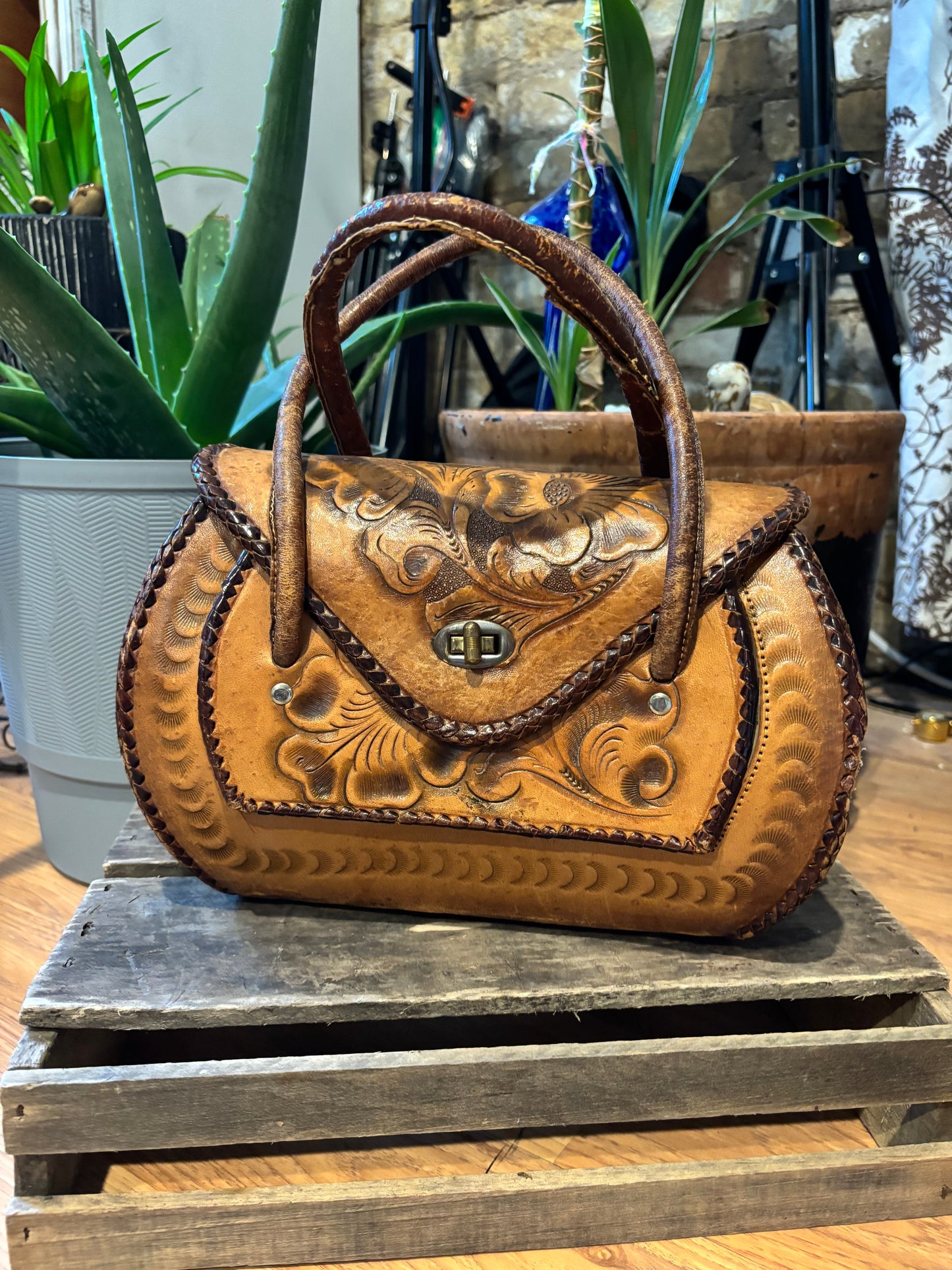 Vintage 70’s  Hand Tooled  leather   Boho Tote Bag