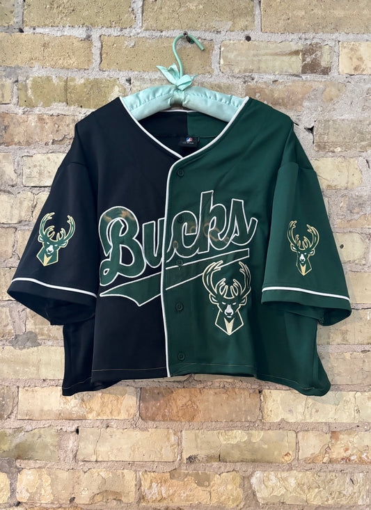 Milwaukee Bucks Button Up Spliced  Cropped Baseball Jersey