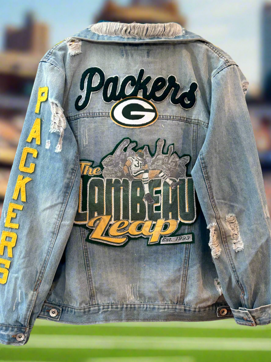 Reworked Packers oversized  distressed Game Day Denim Jean Jacket