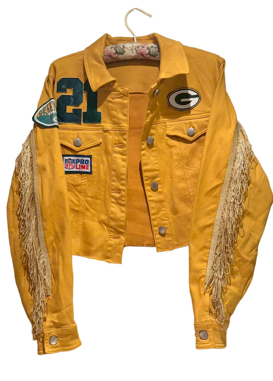 Reworked Packers over dyed Game Day Denim Jean Jacket with Fringe