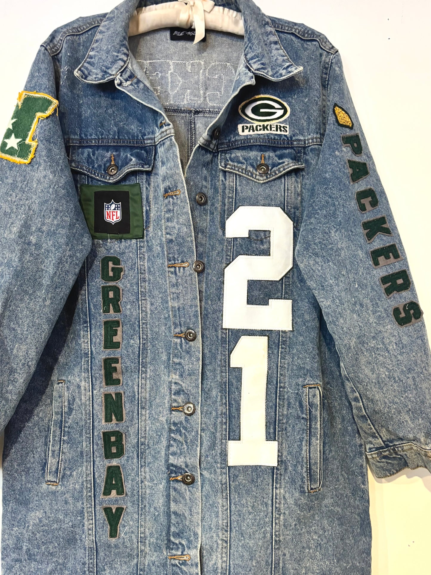 Reworked Packers Retro Game Day Acid Washed Denim Duster Coat