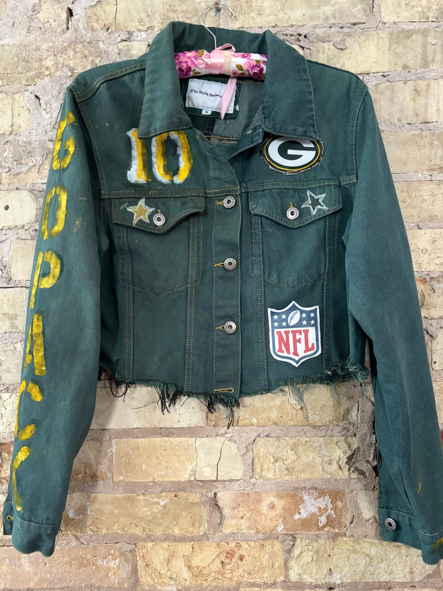 Reworked Spliced Denim Packers Game Day Jacket