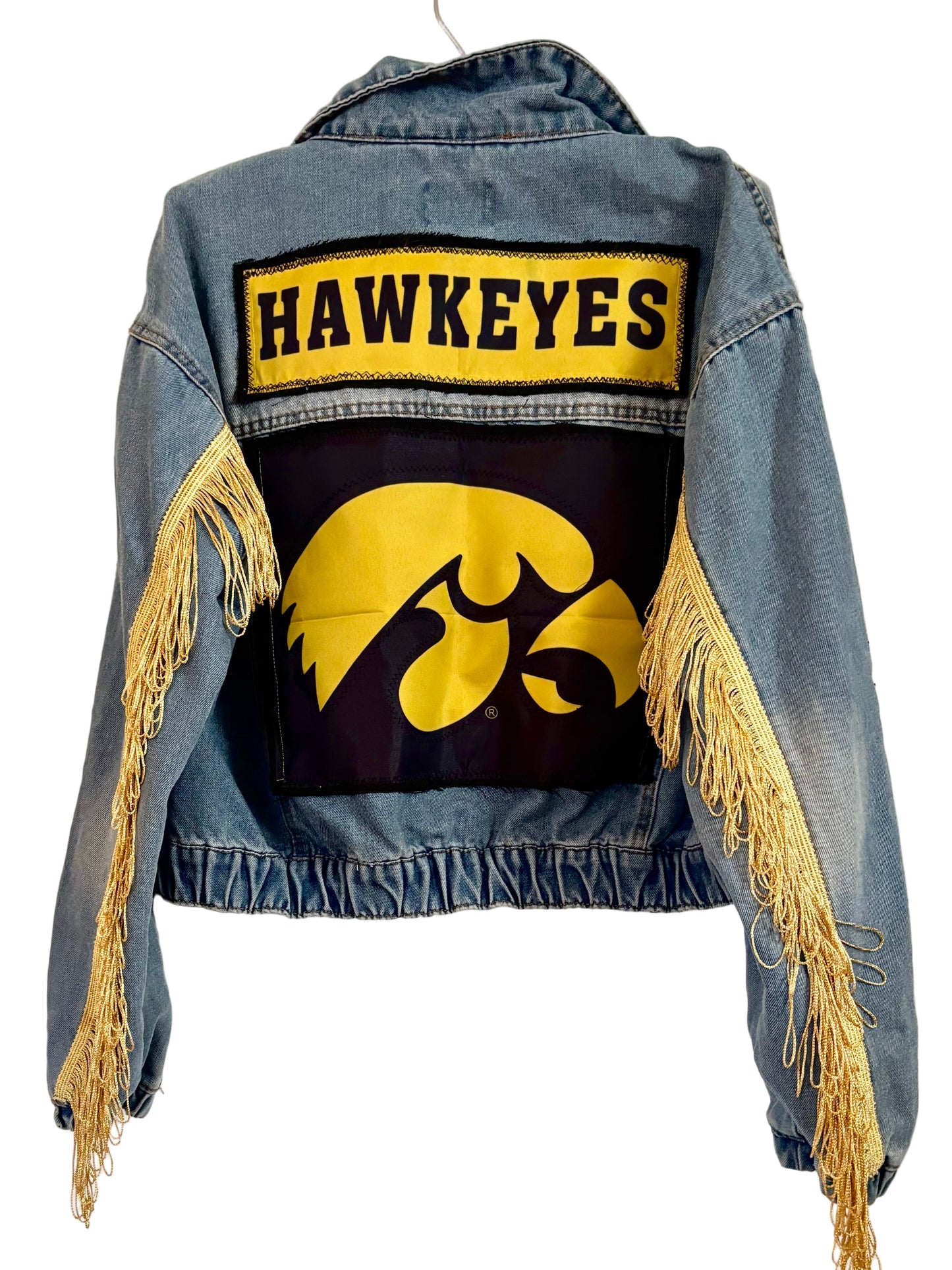 Reworked Distressed Iowa Game Day Denim Jean Jacket with Fringe