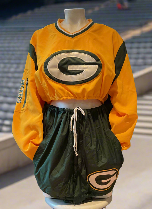 Vintage Green Bay Packers V Neck Cropped Windbreaker