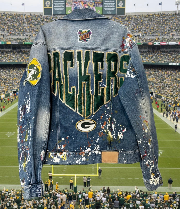 Reworked Retro Distressed Game Day Paint Splattered Custom Denim Jean Jacket