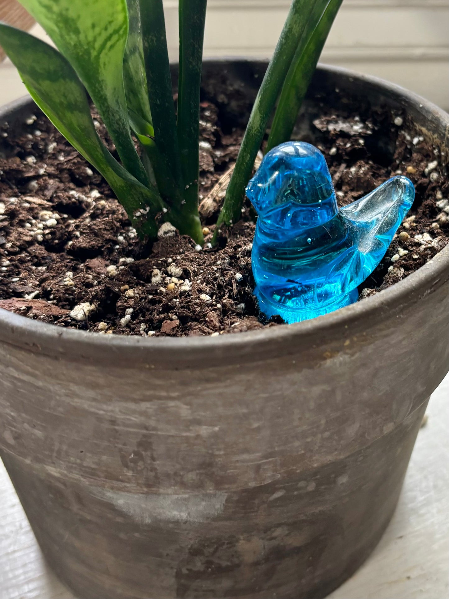 Vintage Glass Blue Bird of Happiness Plant Pet Figurine