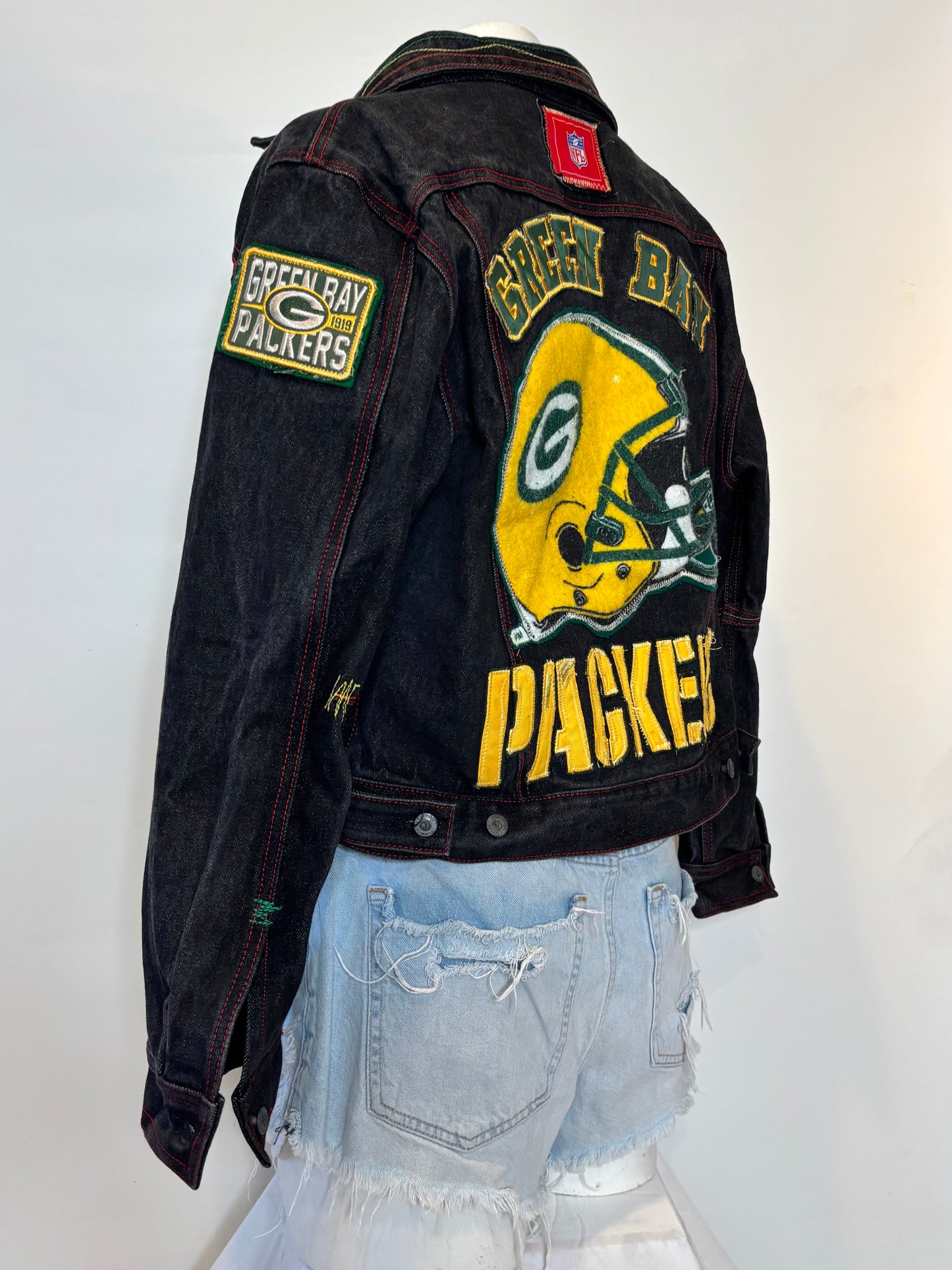 Retro Black Color Stitched Game Day  Denim Jean Jacket