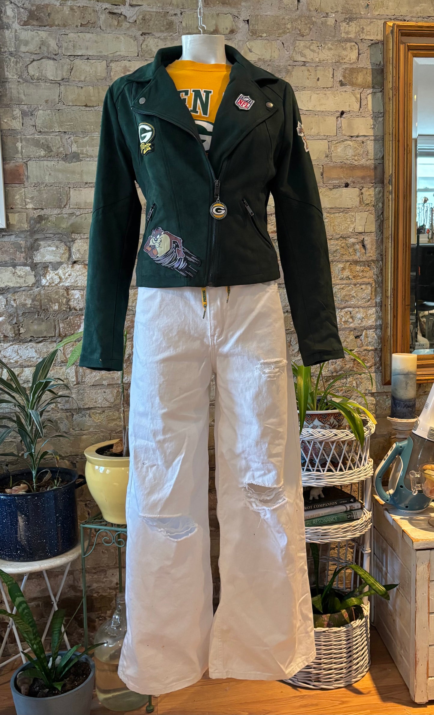 Reworked Green Moto Style velvet Packers Game Day Jacket