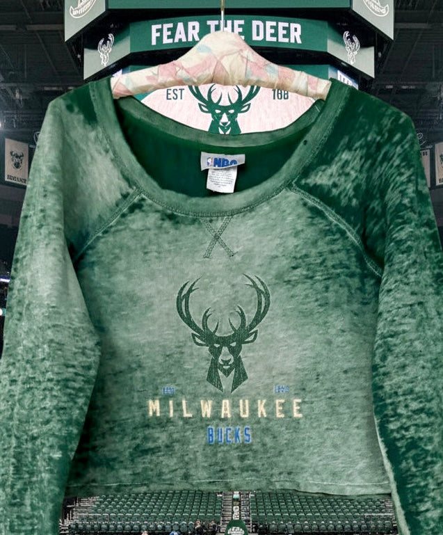 Reworked Milwaukee Bucks Boat Neck Cropped pullover Sweatshirt