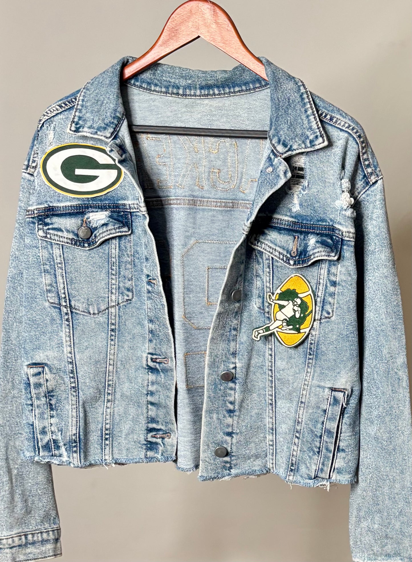 Distressed Game Day Cropped Denim Jean Jacket