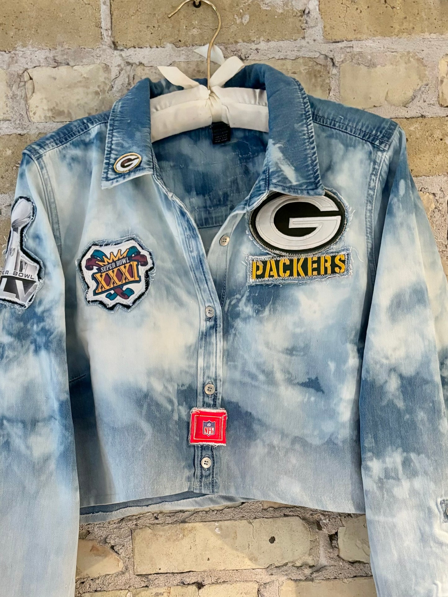 Reworked Game Day cropped distressed Denim Jean Shirt