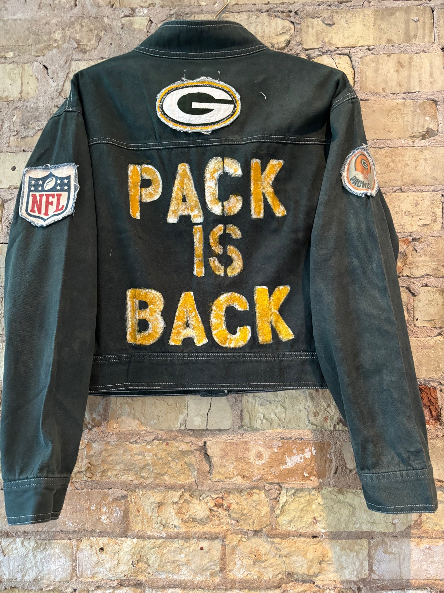 Reworked over-dyed Packers Game Day denim Jacket