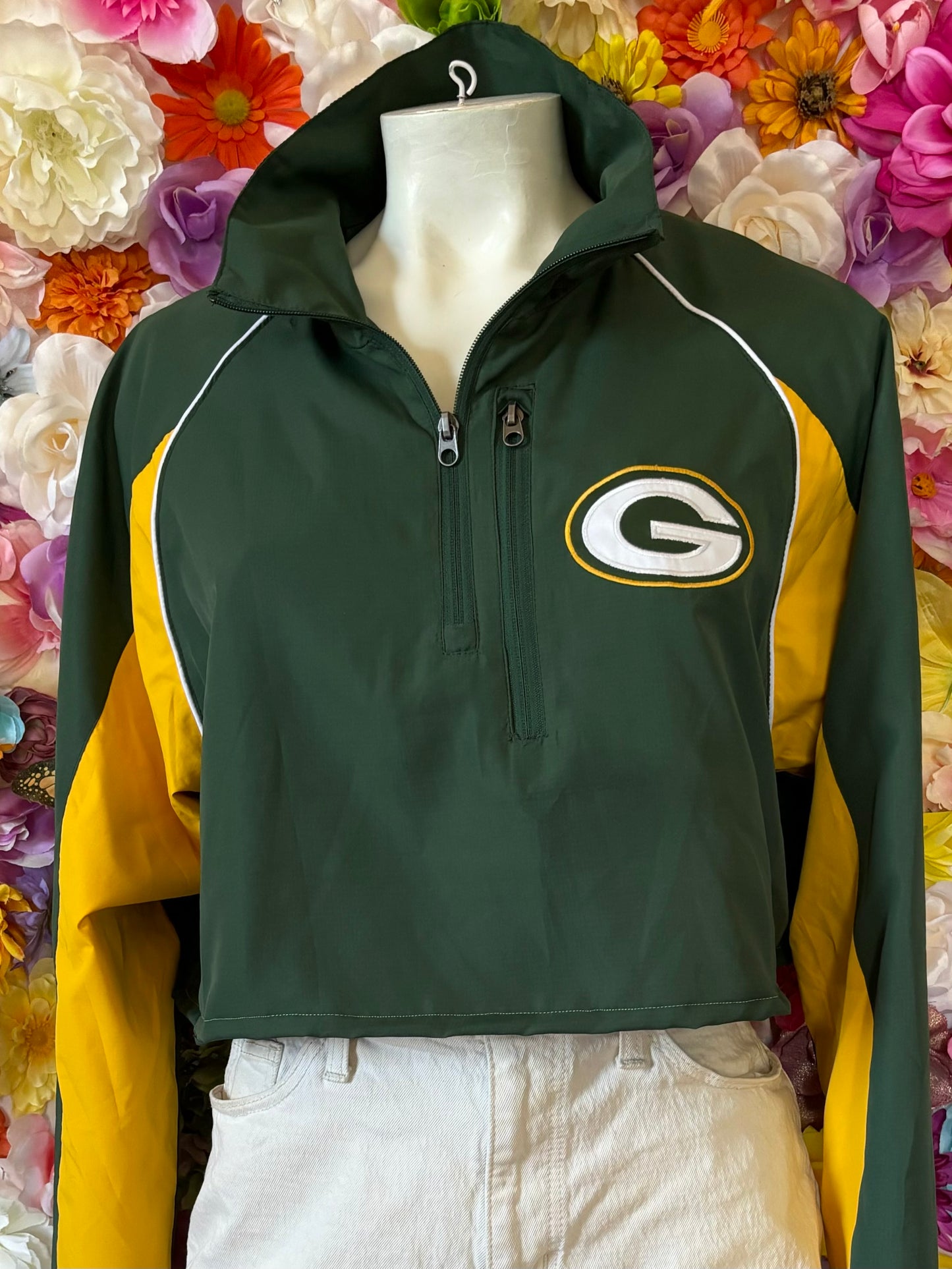 Reworked Vintage Green Bay Packers Cropped Color Block 1/4 Zip Windbreaker