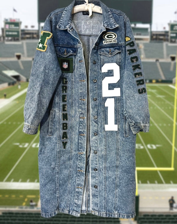 Reworked Packers Retro Game Day Acid Washed Denim Duster Coat