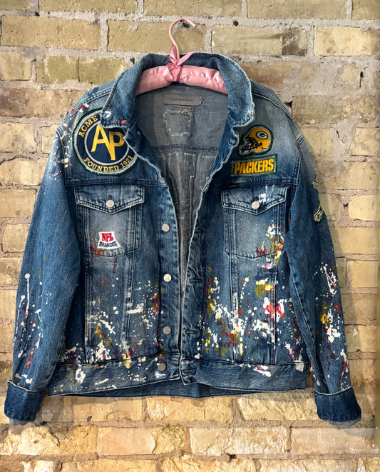 Retro Distressed Game Day Paint Splattered Denim Jean Jacket