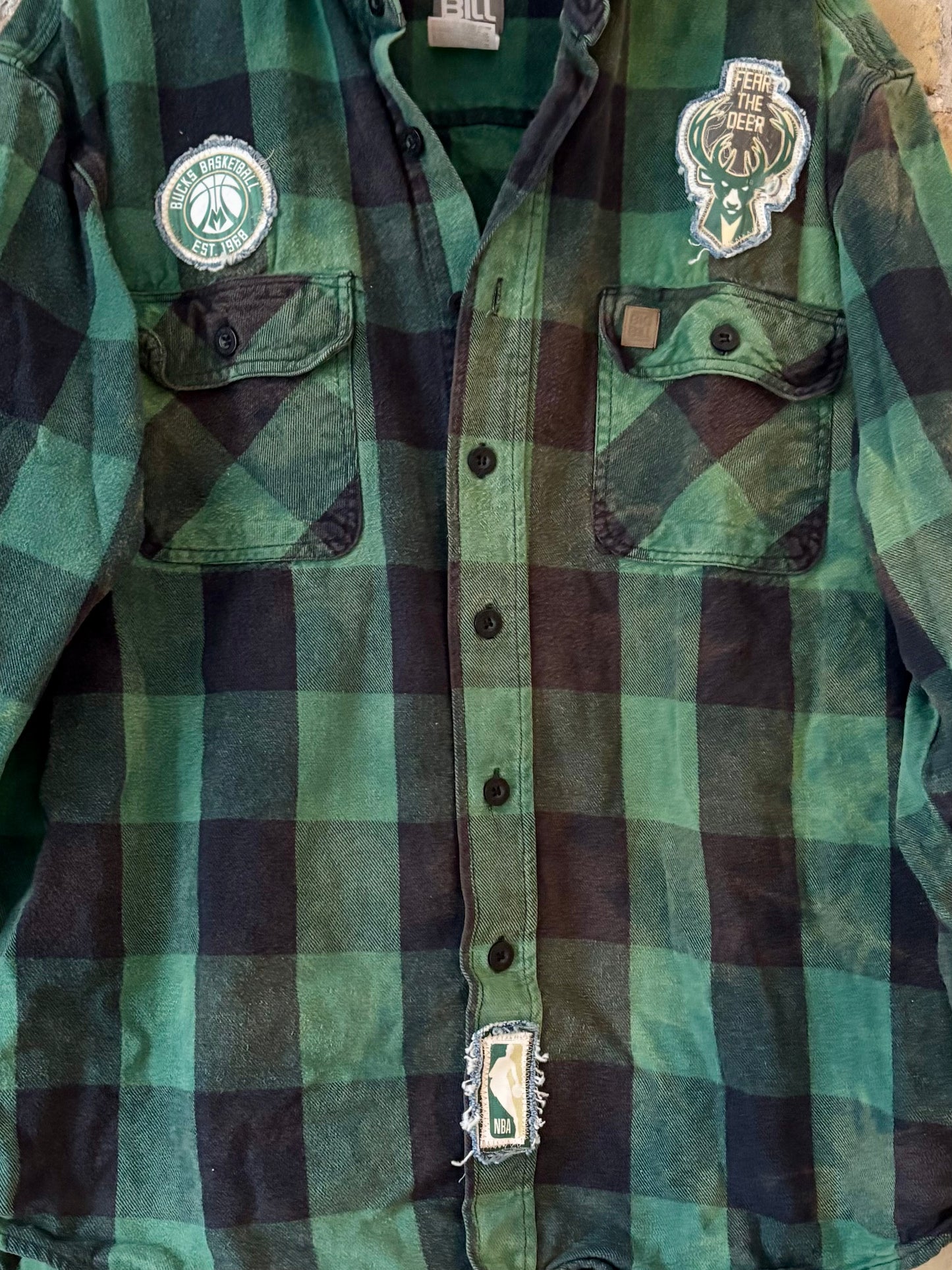 Reworked Bucks Distressed Game Day Flannel Shirt