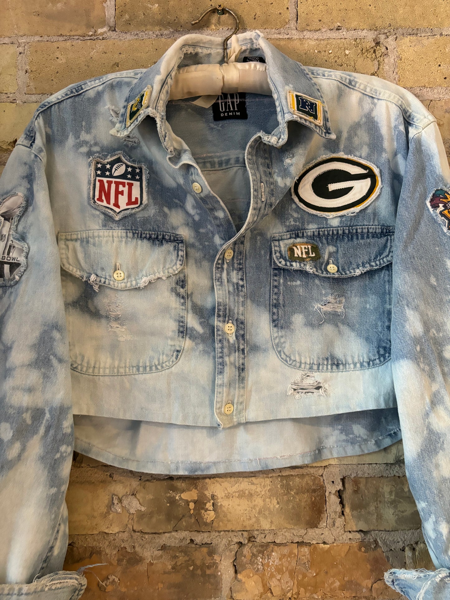 Reworked cropped & distressed Game Day Denim Jean Shirt