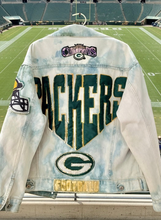 Reworked Vintage Distressed Game Day Trucker Denim Jean Jacket