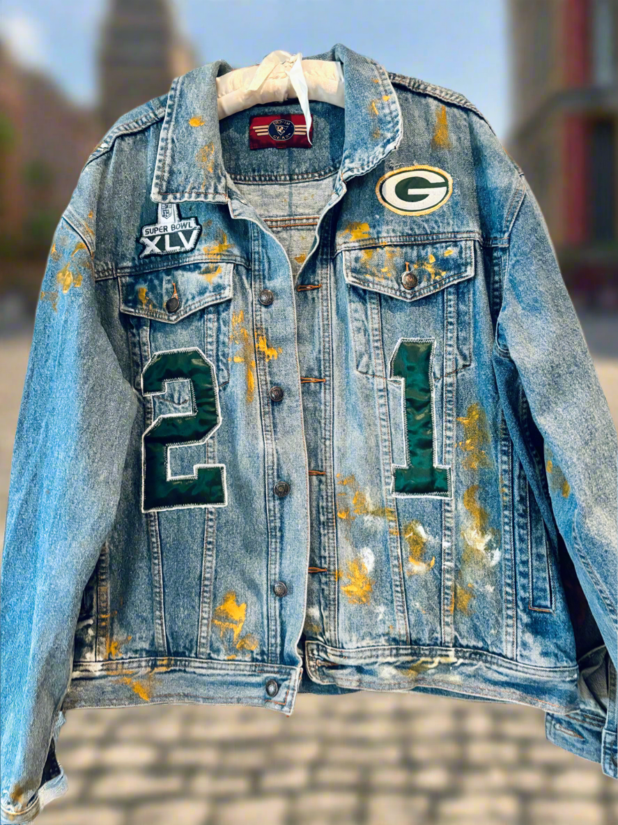 Reworked Retro Stone Washed Game Day Trucker Denim Jean Jacket