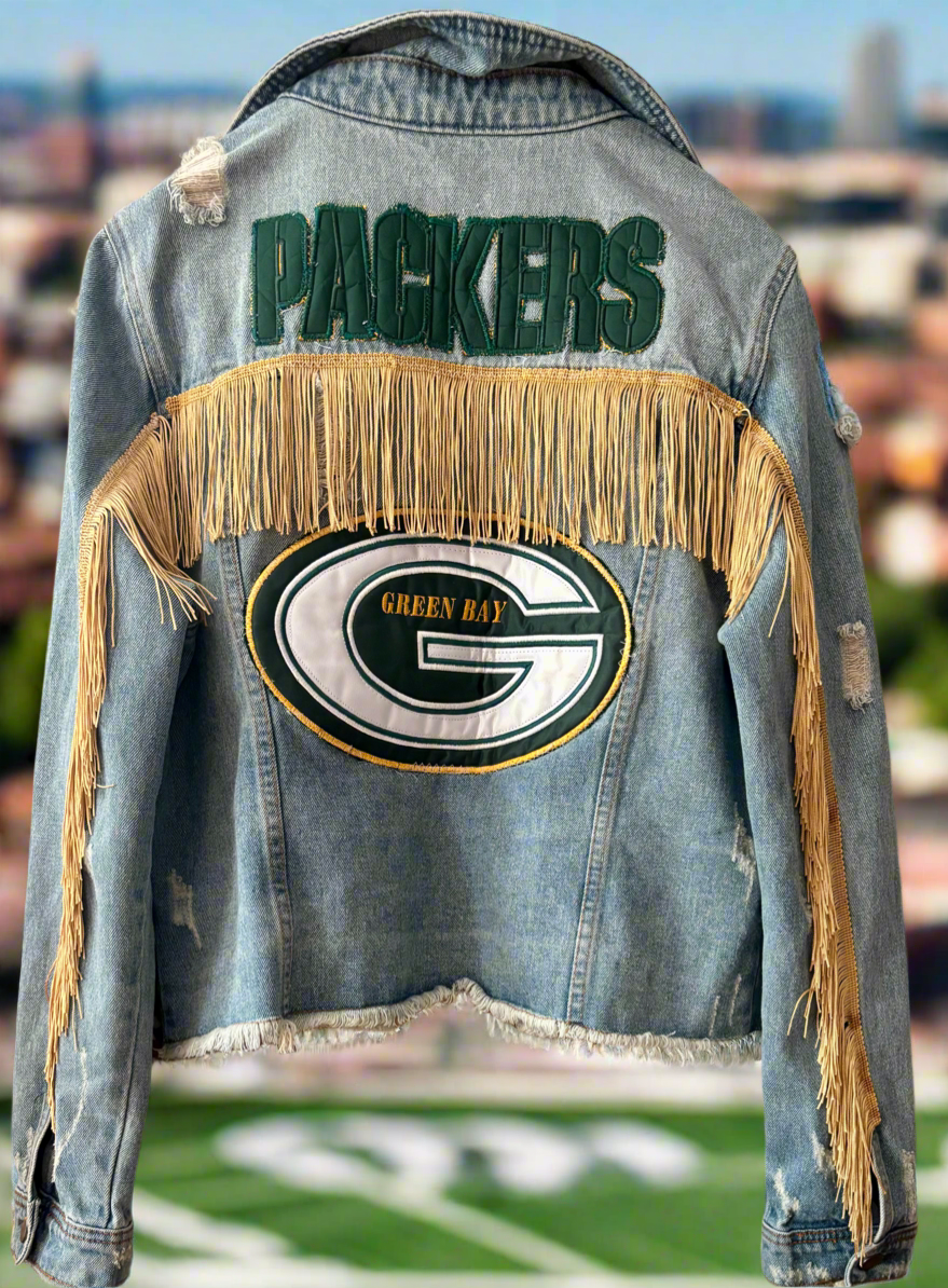 Reworked Distressed Game Day cropped Denim Jean Jacket with Fringe