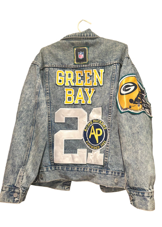 Reworked Vintage Acid Washed  Game Day Trucker Denim Jean Jacket