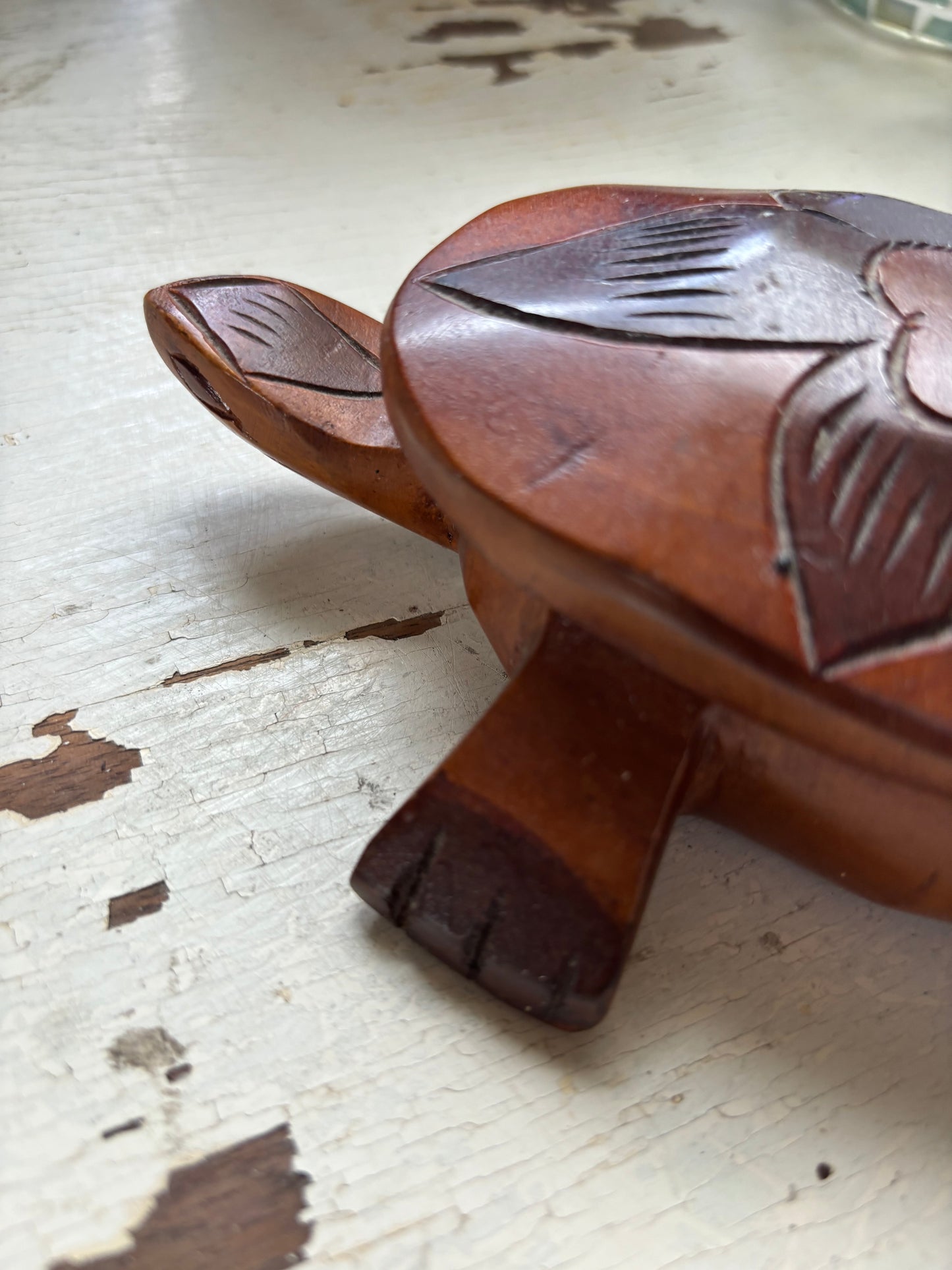 Vintage Hand Carved Wooden Sea Turtle Lotus Flower Trinket Dish with Cover LIMOGES FRANCE Collectable Iris floral trinket dish Tray