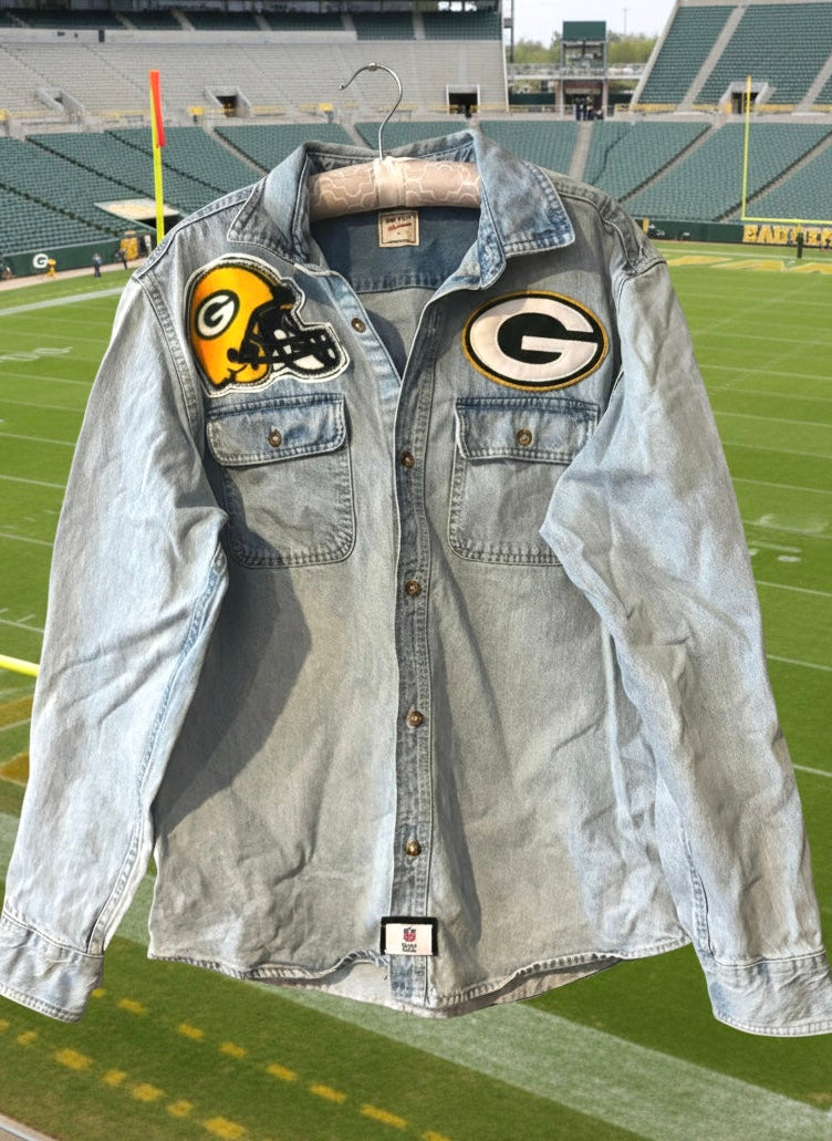 Reworked Retro Stonewashed Game Day Denim Packers/Bears Rivalry Jean Shirt