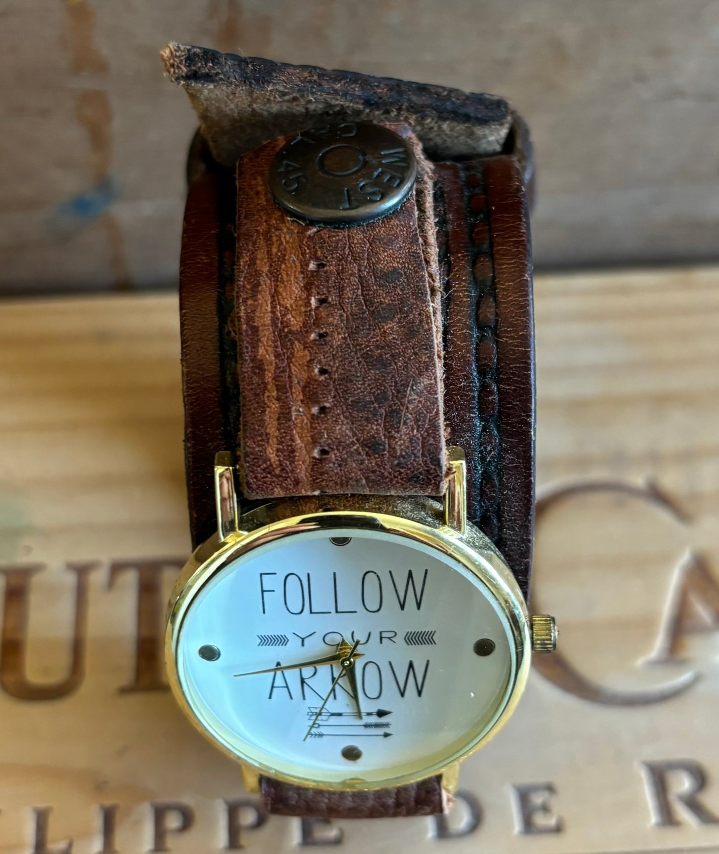 Handmade Distressed Leather Wristband Cuff Watch