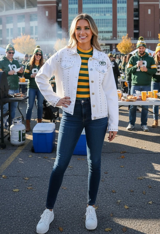 Reworked distressed studded Game day Denim Jacket