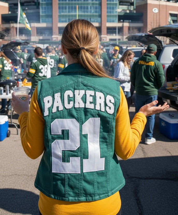 Reworked Packers over dyed Game Day Denim Jean Vest