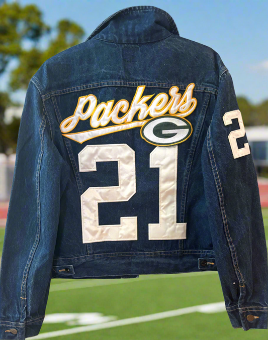 Reworked Vintage  LEE Trucker Dark Washed Indigo Game Day Denim Jean Jacket