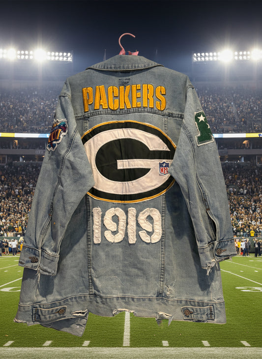 Reworked Oversized Distressed Game Day Denim Jean Jacket